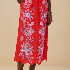 Farm Rio Red porcelain garden euroflax™ premium linen midi skirt